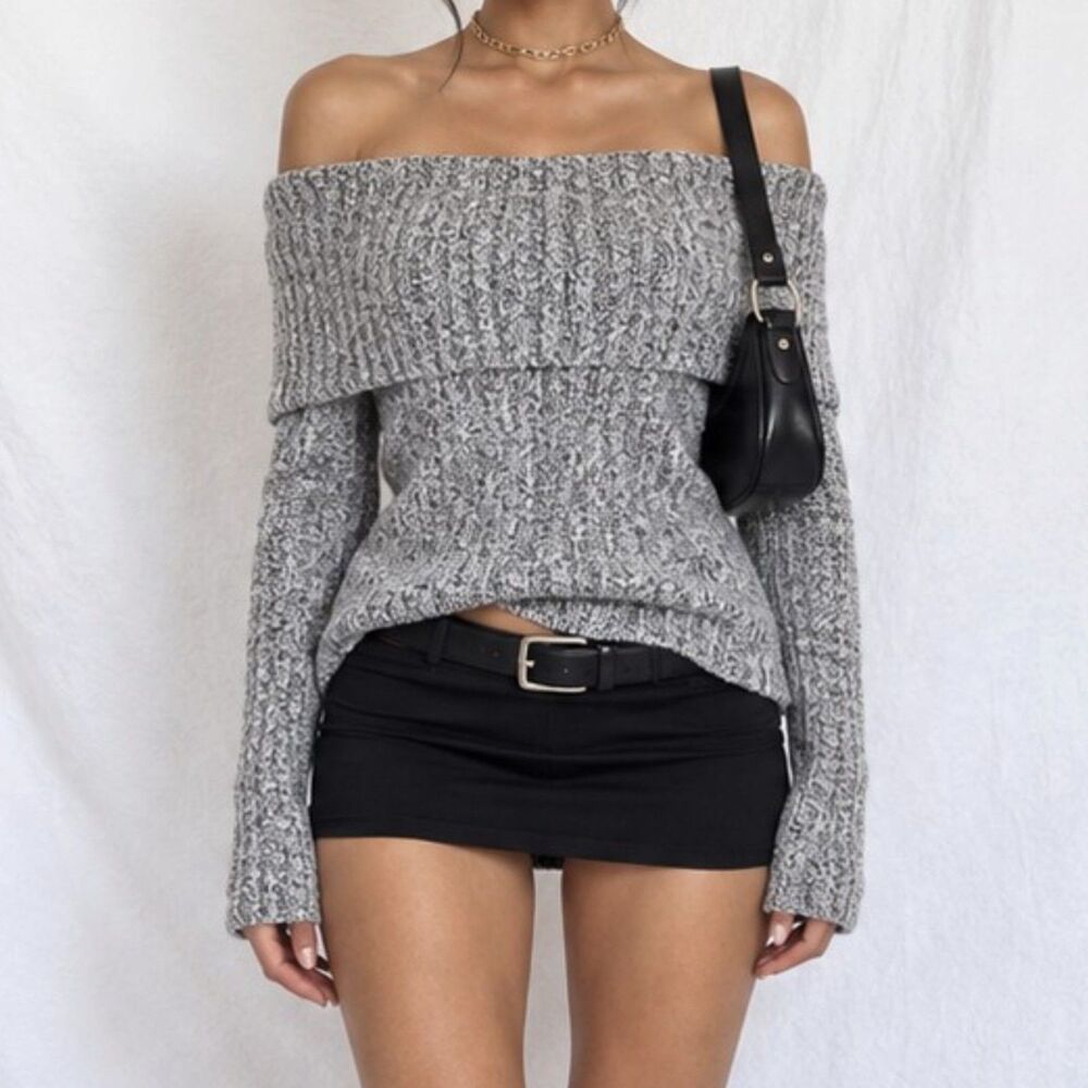 Vintage Y2K Gray Knit Off The Shoulder Foldover Long Sleeve Sweater Top Size S
